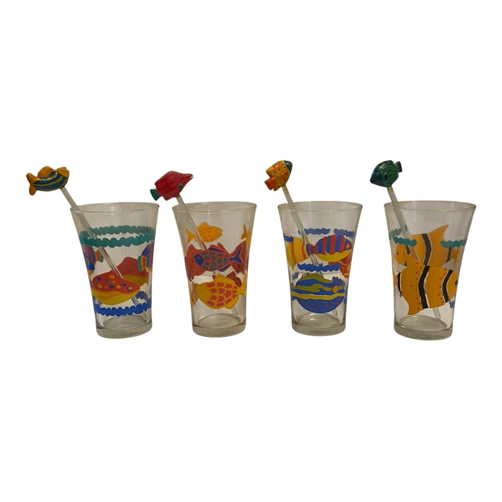 4 Vtg LIBBEY Fish Glasses Flared Rim Tumblers with Swizzle Sticks Tropical Decor - Picture 5 of 11